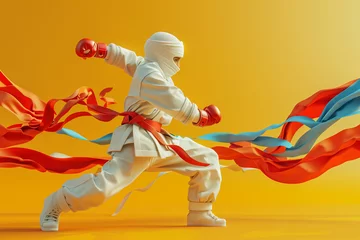 Fotobehang Mix martial art banner design, A kid boxing figure, karate figure isolated on yellow background, kung fu statue, wrestling figure concept art banner, kid wearing karate kit with gloves © Ishra
