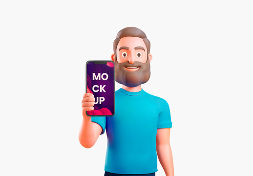 Cartoon Man Holding a Cell Phone in his Hand Mockup