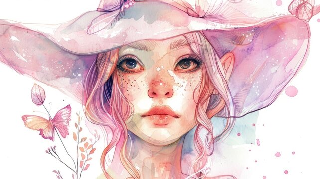 Whimsical girl with hat and butterfly illustration - A soft and ethereal artwork of a girl wearing a whimsical hat, with a butterfly and floral elements subtly included