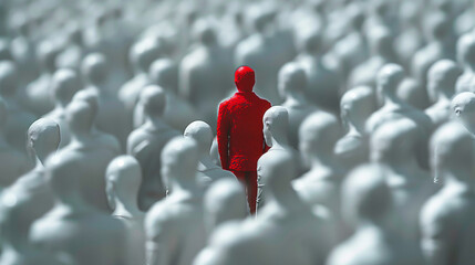 Red Figure in a Crowd of Blue Figures - Representation of Standing Out and Leadership