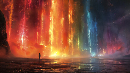 A Cascade of Molten Rainbow-Colored Lights Within a Cavern Fantasy Background Art