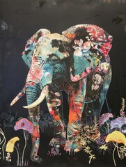 Colorful elephant with floral patterns - A vibrant, artistic depiction of an elephant with floral and fauna patterns against a black background, symbolizing strength and wisdom