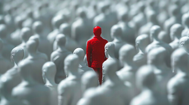 Red Figure in a Crowd of Blue Figures - Representation of Standing Out and Leadership