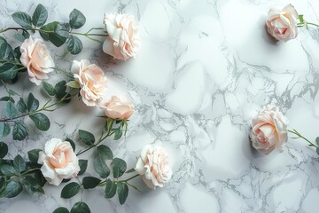 delicate pink roses frame on white marble stone background top view, beautiful floral template with copy space