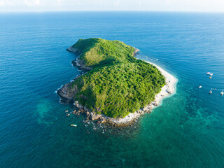 Aerial photography of Jiajing Island, Shimei Bay, Wanning, Hainan, China, in summer evening