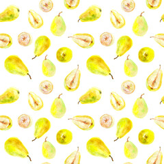 Pattern of fresh ripe yellow honey pear fruits. Hand drawn watercolor illustration. Delicious aromatic fruit ripened on a tree