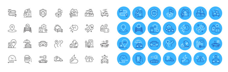 Car, Delivery location and Gas station line icons pack. Car charging, Time schedule, Charging station web icon. Warning, Road, Luggage protect pictogram. Keys, Gas price, Fuel price. Vector