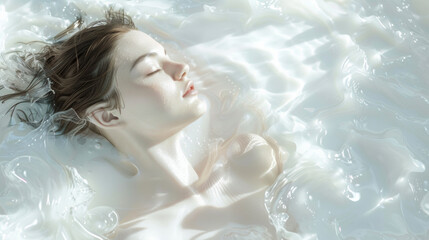Woman Enveloped in Milk, Purity and Serenity Concept. Ethereal Beauty