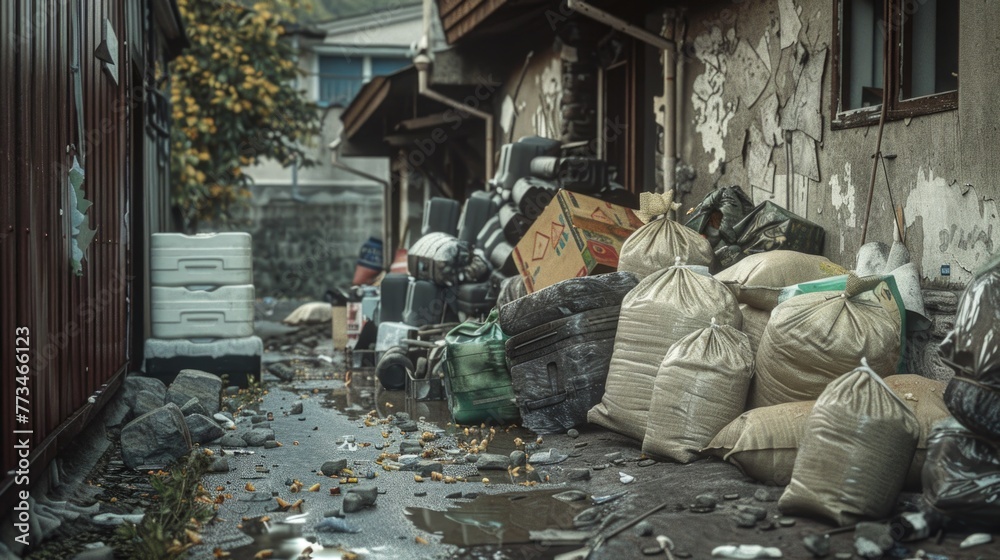 Poster Piles of garbage bags next to a building. Suitable for environmental themes
