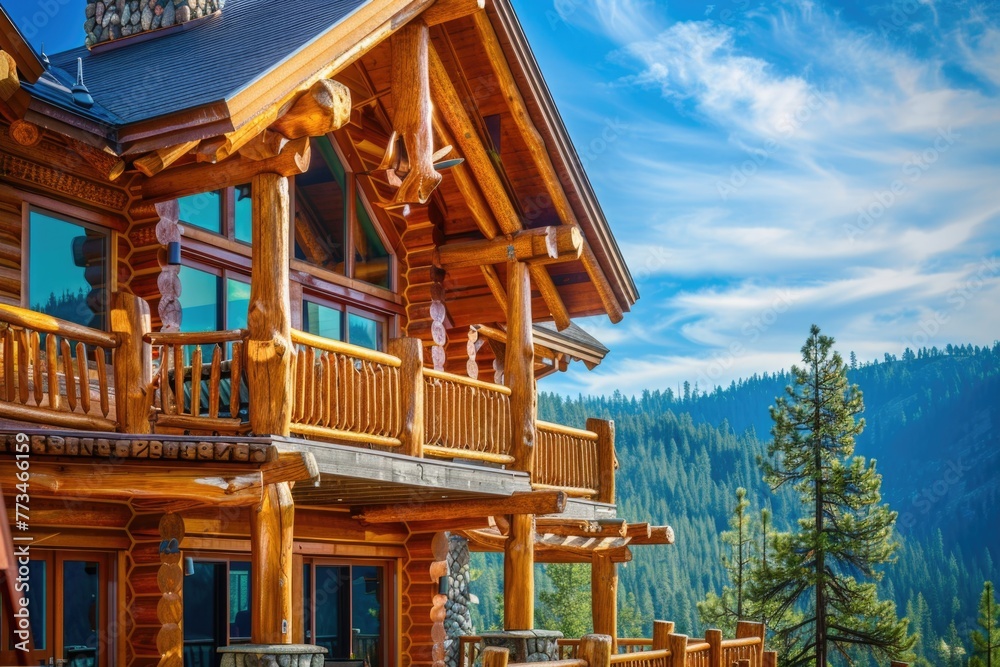 Aufkleber A large log house with multiple balconies, suitable for various design projects