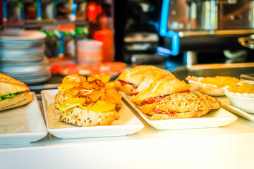 row of pinchos meal, trditional spanish basque snacs dish