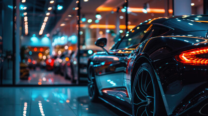 New shiny car in showroom of dealership, modern luxury vehicle for sale. Night reflections and...