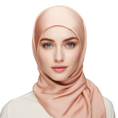A woman adorned in a pink hijab and a white shirt, with delicate features like gentle curves of her cheek, and the soft contour of her neck on transparent