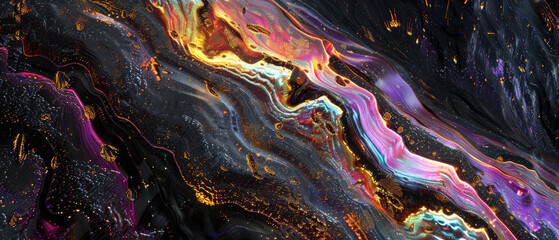 Obraz premium Color liquid texture background, waves of oil or dark water with rainbow gradient. Concept of multicolored surface, abstract pattern, iridescent, black, watercolor