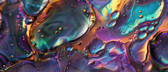 Obraz premium Color liquid texture background, waves of oil or water with rainbow gradient and bubbles. Concept of surface, abstract pattern, iridescent, watercolor and wallpaper.