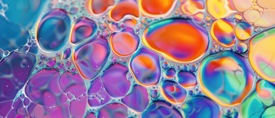Color liquid texture background, bubbles of oil or water with rainbow gradient. Concept of multicolored abstract pattern, iridescent, watercolor and wallpaper.