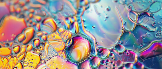 Color liquid texture background, bubbles of oil or water with rainbow gradient. Concept of multicolored surface, abstract pattern, iridescent, watercolor - 773466187