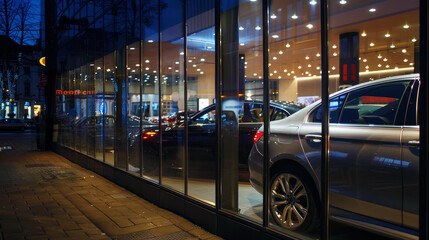 New shiny cars in showroom of dealership, modern luxury vehicles for sale, view from street. Night...