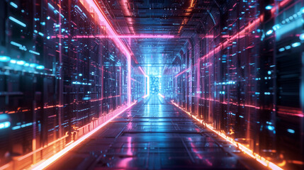 Digital tunnel in cyber space, abstract tech data texture background. Perspective view of futuristic corridor in neon lights. Concept of technology, future, network, speed. - 773466191