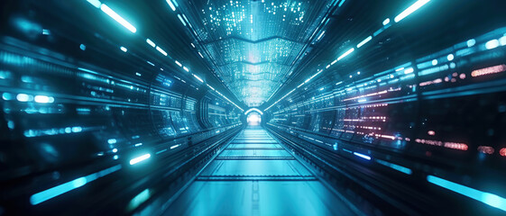 Digital tunnel in cyber space, abstract data texture background. Perspective panoramic view of futuristic corridor and lights. Concept of technology, tech, future, network, speed - 773466198