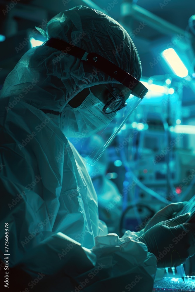 Poster A person in a lab coat using a cell phone. Suitable for science and technology concepts