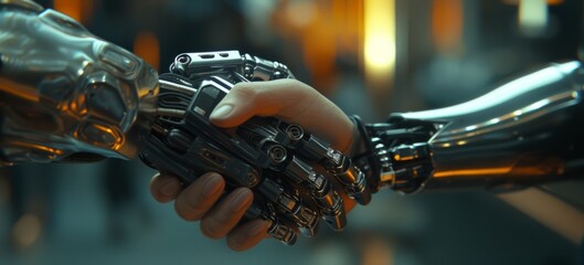 Human And Robot Handshake, Advanced Robotics Technology, Artificial Intelligence AI, Human-Robot Collaboration, Futuristic Cyborg Concept