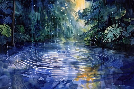 Watercolor painting of a rainforest with sun rays and water ripples