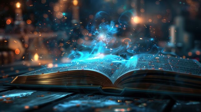 digital books in open library on bookshelf background. AI generated images