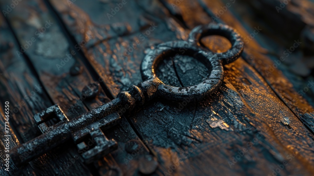 Poster a rusty key sitting on a wooden table. suitable for concepts of mystery and discovery