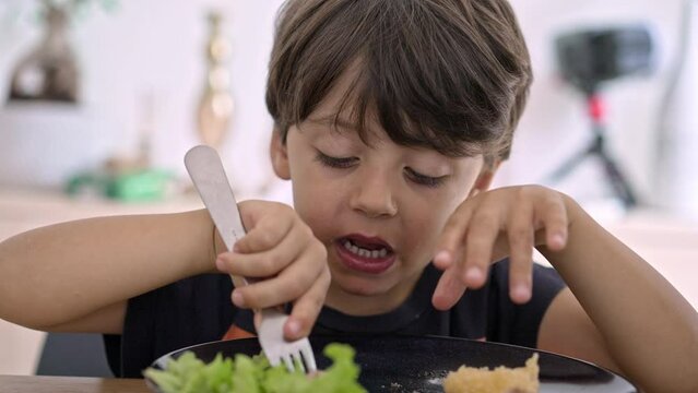 Slippery Food, Piece Of Meat Falls From Fork Before Entering Little Boy’s Mouth