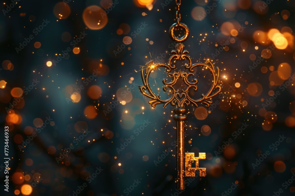 Poster A shiny golden key hanging from a chain. Ideal for concepts of security and access