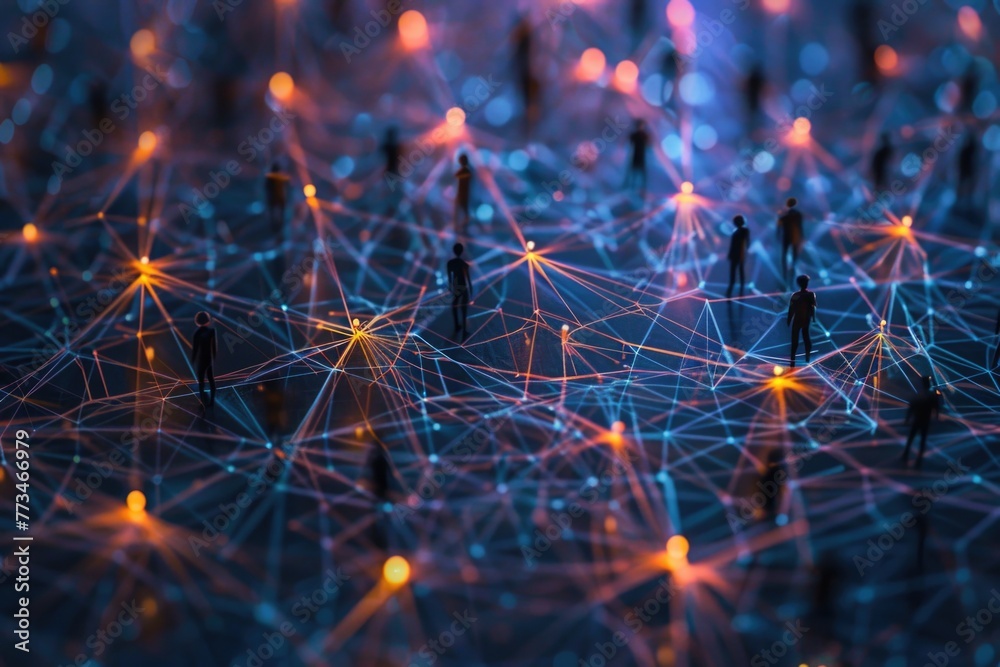 Poster group of people standing in a network of lights. suitable for technology concepts