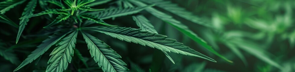 green banner with cannabis plant, banner for cannabis website Generative AI - obrazy, fototapety, plakaty
