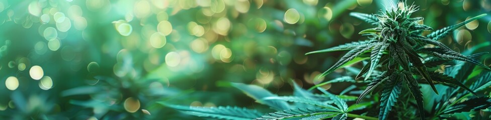 Green banner with a cannabis plant Generative AI - obrazy, fototapety, plakaty