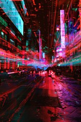 City street illuminated by neon lights, perfect for urban themed designs