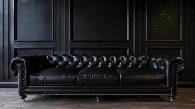 Modern black leather couch on a sleek hardwood floor, perfect for interior design concepts