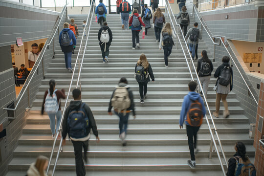 High school students on staircase during break