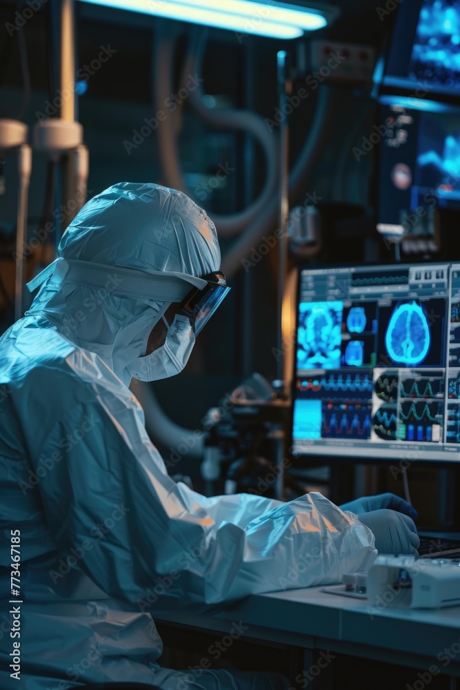 Poster Person in lab coat working on computer, ideal for science or technology concepts