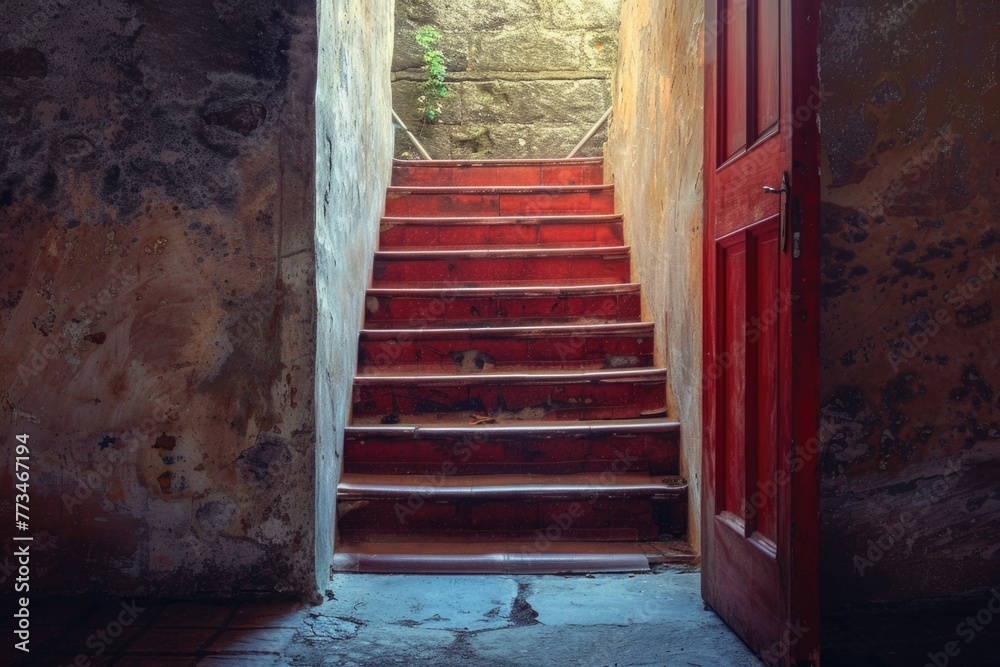 Poster a red door and stairs in a building. suitable for real estate or architecture concepts