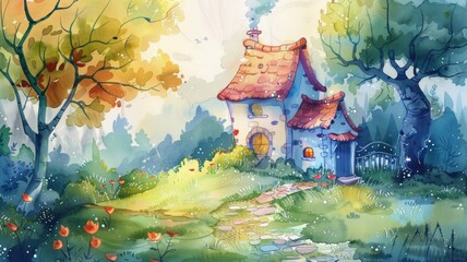 Whimsical cottage surrounded by nature in art - Whimsical watercolor portrayal of a charming cottage engulfed in nature, showcasing a fairy-tale like comfort - obrazy, fototapety, plakaty
