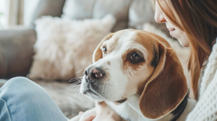 Woman Petting Beagle Dog: Close-Up Affection in Living Room