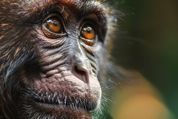 Intense gaze of a primate face - With a poignant expression, the primate's face is captured in remarkable detail, showcasing its soulful eyes