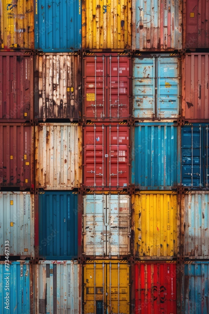 Poster colorful shipping containers stacked on top of each other. suitable for industrial and logistics con