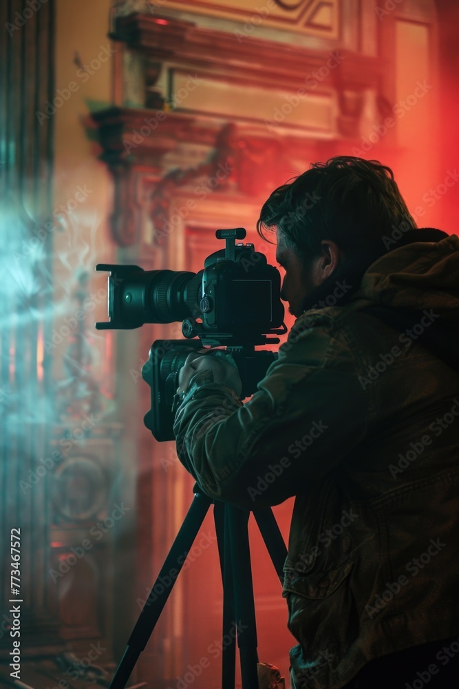 Poster a man capturing a moment with a camera. suitable for photography concepts