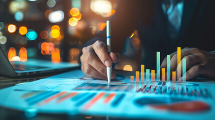 Analyst examining financial data on documents - An analyst scrutinizes financial reports with bar graphs and pie charts while working late