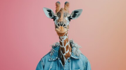 A cute giraffe wearing a denim jacket on a pink background. Perfect for children's fashion or quirky animal designs - obrazy, fototapety, plakaty