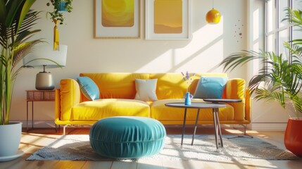 A cozy living room with a vibrant yellow couch and a stylish blue ottoman. Perfect for interior design projects