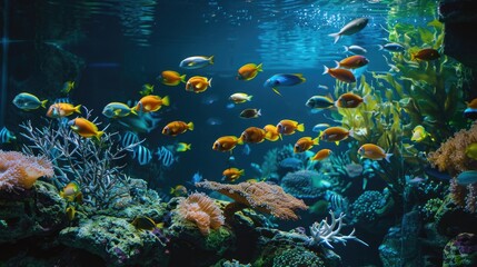 A variety of fish swimming in a colorful fish tank. Suitable for aquarium or pet store promotions
