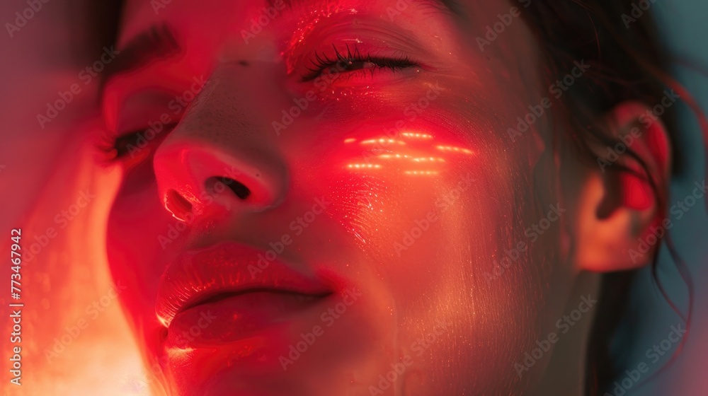 Poster close up of a person with a red light on their face. perfect for spooky or mysterious themed project