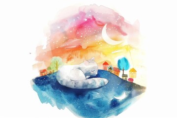 Sleeping cat in watercolor fantasy night setting - An enchanting watercolor illustration of a sleeping cat nestled in a fantasy landscape under a starry night sky